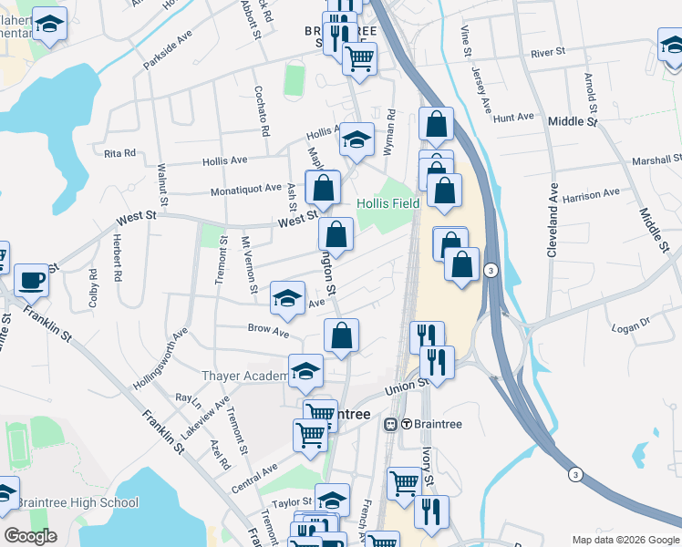 map of restaurants, bars, coffee shops, grocery stores, and more near 11 Sherbrooke Avenue in Braintree