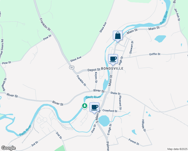 map of restaurants, bars, coffee shops, grocery stores, and more near 10 Keyes Street in Belchertown