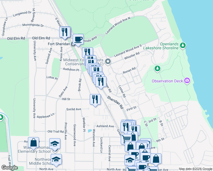 map of restaurants, bars, coffee shops, grocery stores, and more near 93 Westover Road in Highwood
