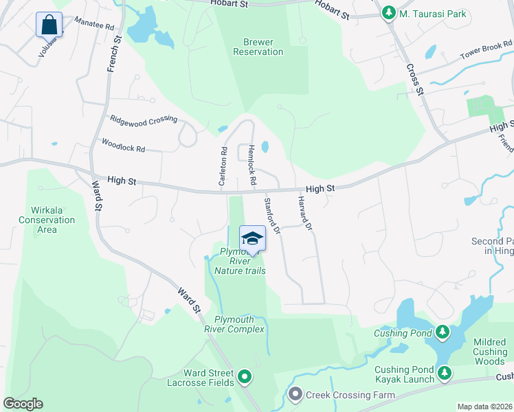 map of restaurants, bars, coffee shops, grocery stores, and more near 190 High Street in Hingham