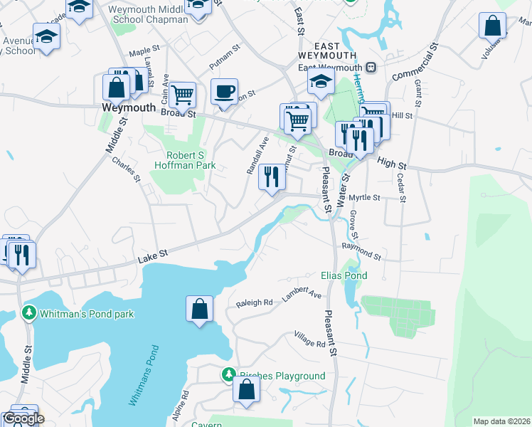 map of restaurants, bars, coffee shops, grocery stores, and more near 47 Lake Street in Weymouth