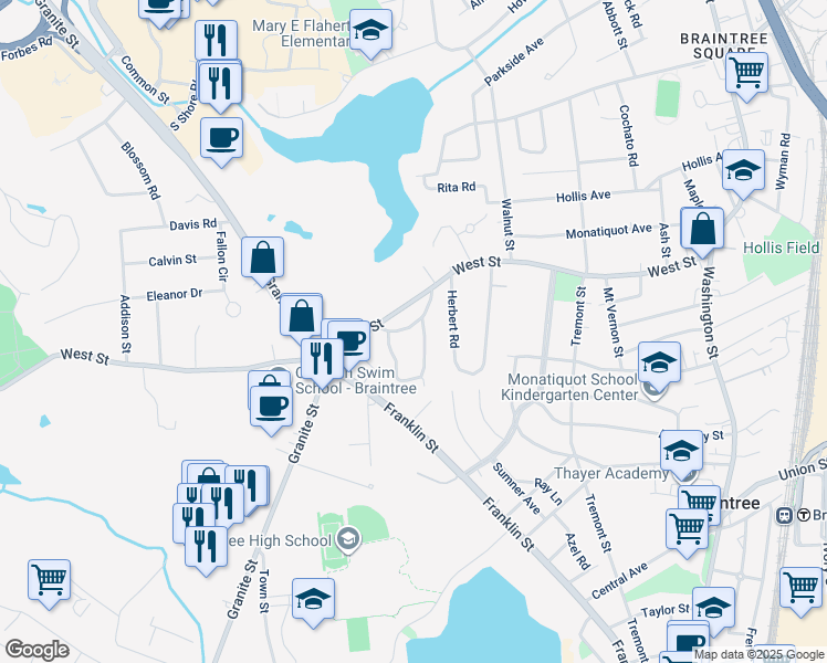 map of restaurants, bars, coffee shops, grocery stores, and more near 34 Ellsmore Terrace in Braintree