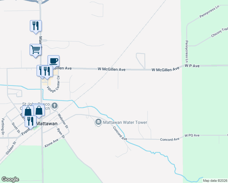 map of restaurants, bars, coffee shops, grocery stores, and more near 22969 West McGillen Avenue in Mattawan