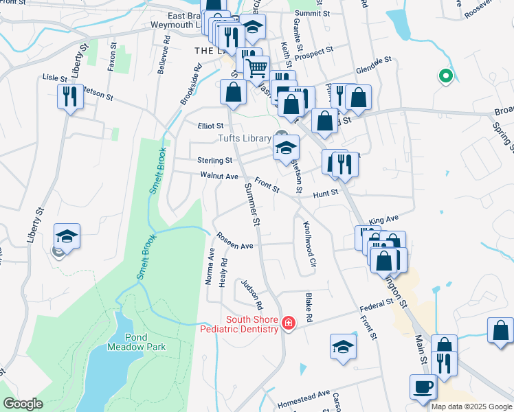 map of restaurants, bars, coffee shops, grocery stores, and more near 40 Summer Street in Weymouth