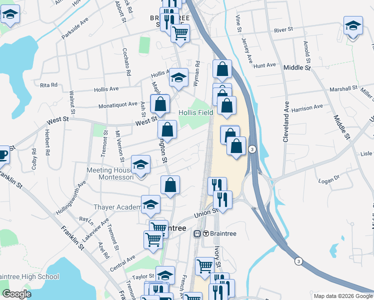 map of restaurants, bars, coffee shops, grocery stores, and more near 45 Sampson Avenue in Braintree