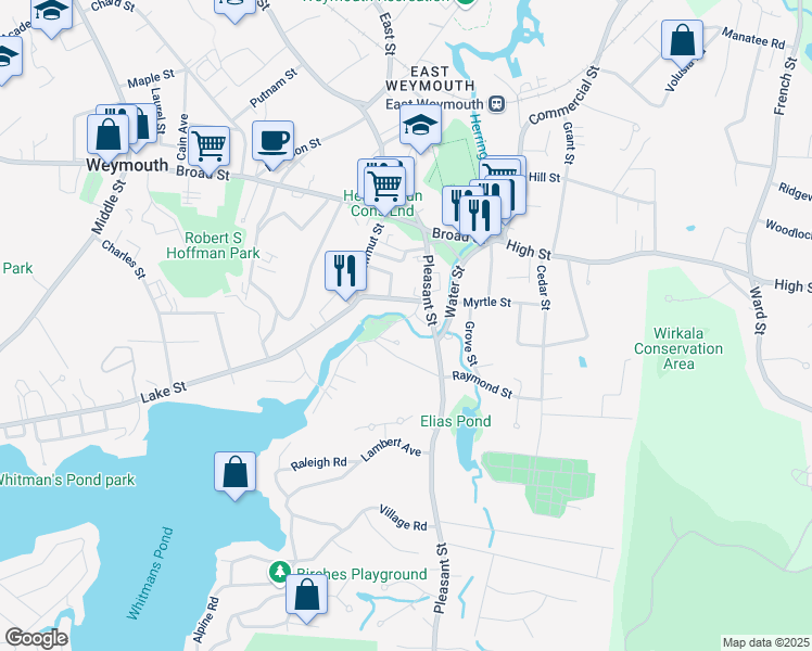 map of restaurants, bars, coffee shops, grocery stores, and more near 14 Iron Hill Street in Weymouth