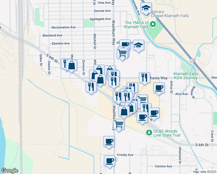 map of restaurants, bars, coffee shops, grocery stores, and more near 2505 Pershing Way in Klamath Falls