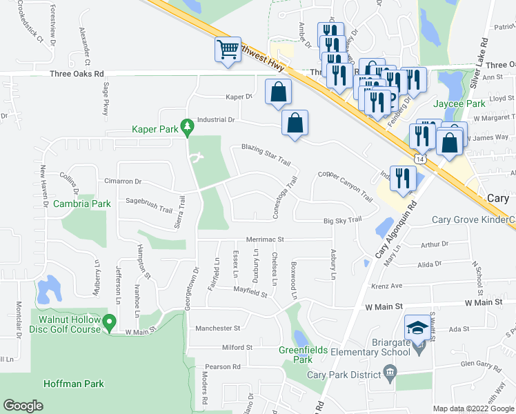 map of restaurants, bars, coffee shops, grocery stores, and more near 8 Rodeo Circle in Cary