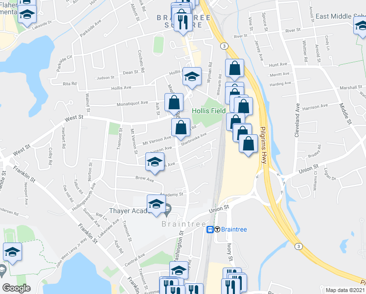 map of restaurants, bars, coffee shops, grocery stores, and more near 11 Sherbrooke Avenue in Braintree