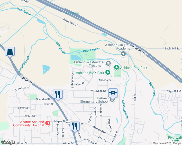 map of restaurants, bars, coffee shops, grocery stores, and more near 915 Glendower Street in Ashland