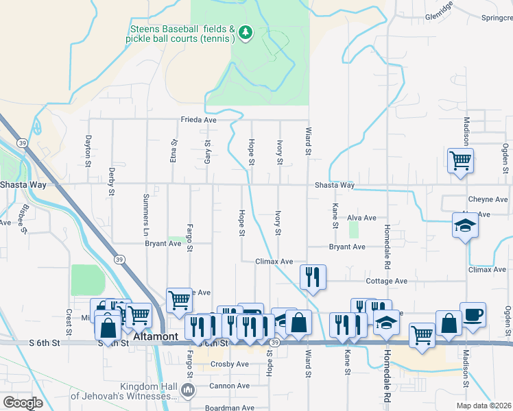 map of restaurants, bars, coffee shops, grocery stores, and more near 4737 Alva Ave in Klamath Falls