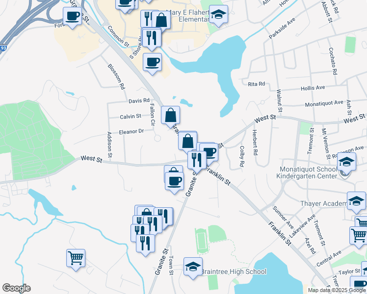map of restaurants, bars, coffee shops, grocery stores, and more near 519 Granite Street in Braintree