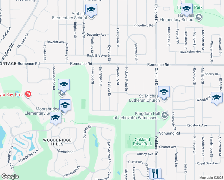map of restaurants, bars, coffee shops, grocery stores, and more near 2602 Mansfield Avenue in Portage
