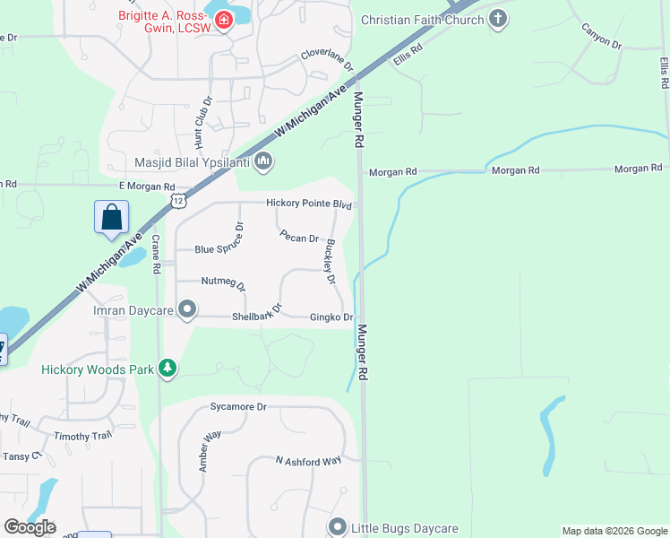 map of restaurants, bars, coffee shops, grocery stores, and more near 5201 Buckley Drive in Ypsilanti