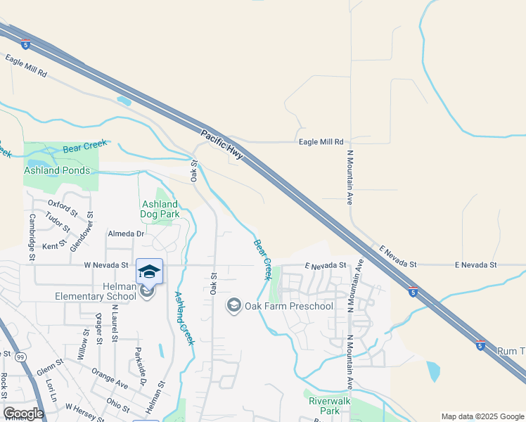 map of restaurants, bars, coffee shops, grocery stores, and more near 1280 Oak Street in Ashland