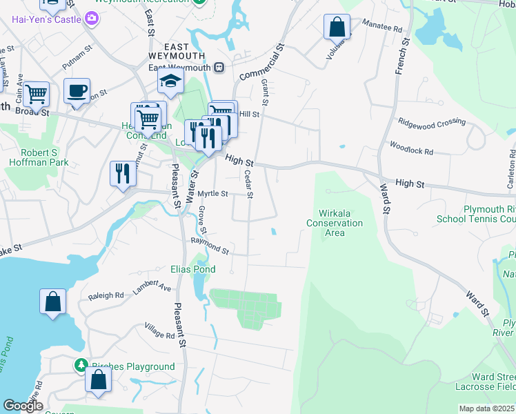 map of restaurants, bars, coffee shops, grocery stores, and more near 56 Cedar Street in Weymouth