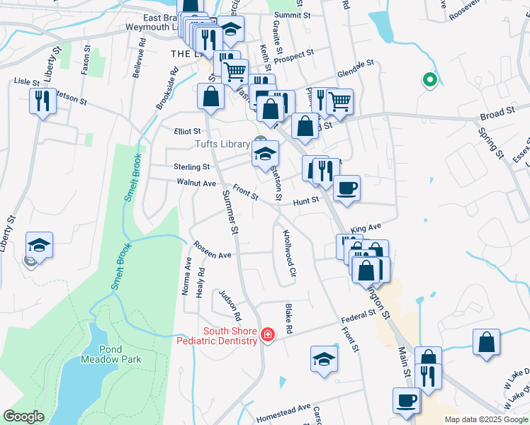 map of restaurants, bars, coffee shops, grocery stores, and more near 183 Front Street in Weymouth