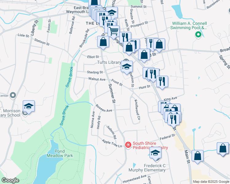 map of restaurants, bars, coffee shops, grocery stores, and more near 40 Summer Street in Weymouth