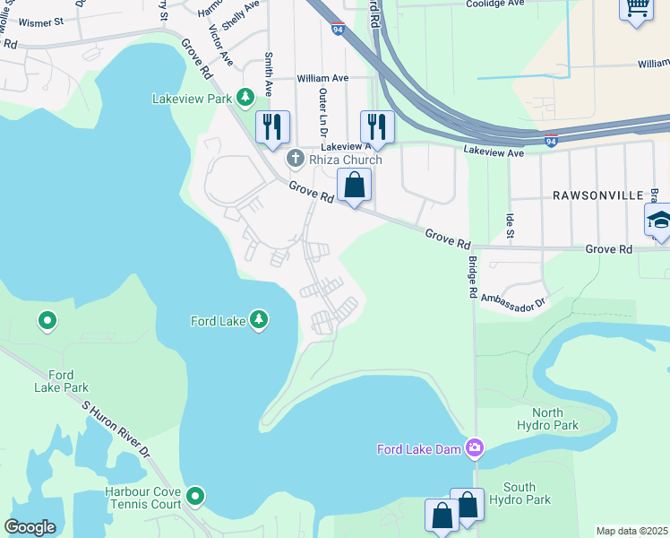 map of restaurants, bars, coffee shops, grocery stores, and more near 2421 Lakeshore Boulevard in Ypsilanti