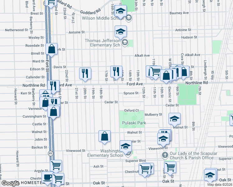 map of restaurants, bars, coffee shops, grocery stores, and more near 2064 15th Street in Wyandotte