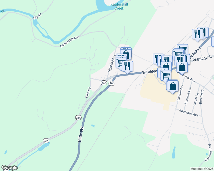 map of restaurants, bars, coffee shops, grocery stores, and more near 16-20 New York 23A in Catskill
