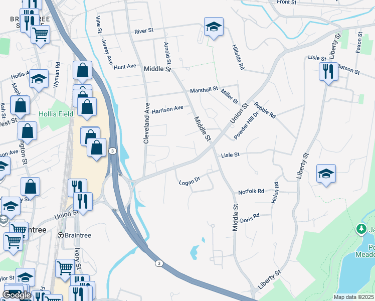 map of restaurants, bars, coffee shops, grocery stores, and more near 77 Bradley Road Extension in Braintree