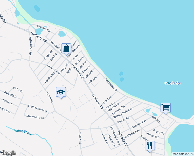 map of restaurants, bars, coffee shops, grocery stores, and more near 20 6th Avenue in Scituate