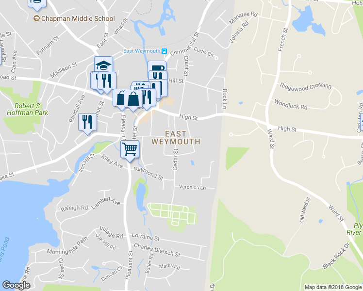 map of restaurants, bars, coffee shops, grocery stores, and more near 56 Cedar Street in Weymouth