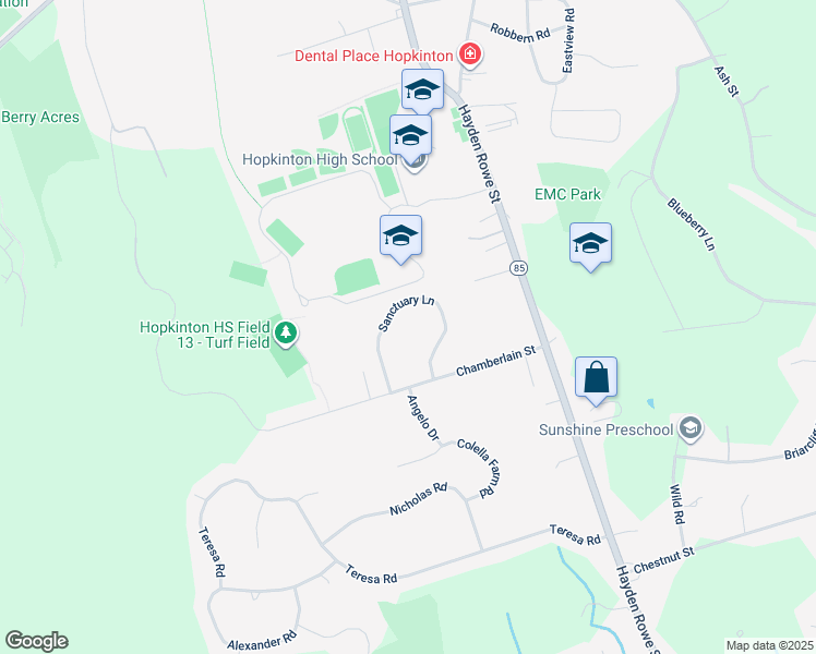map of restaurants, bars, coffee shops, grocery stores, and more near 13 Sanctuary Lane in Hopkinton