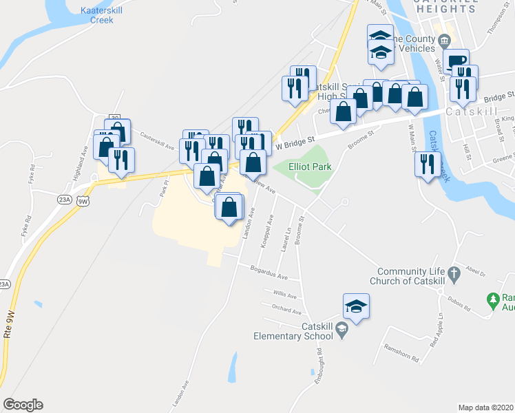 map of restaurants, bars, coffee shops, grocery stores, and more near 11 Landon Avenue in Catskill