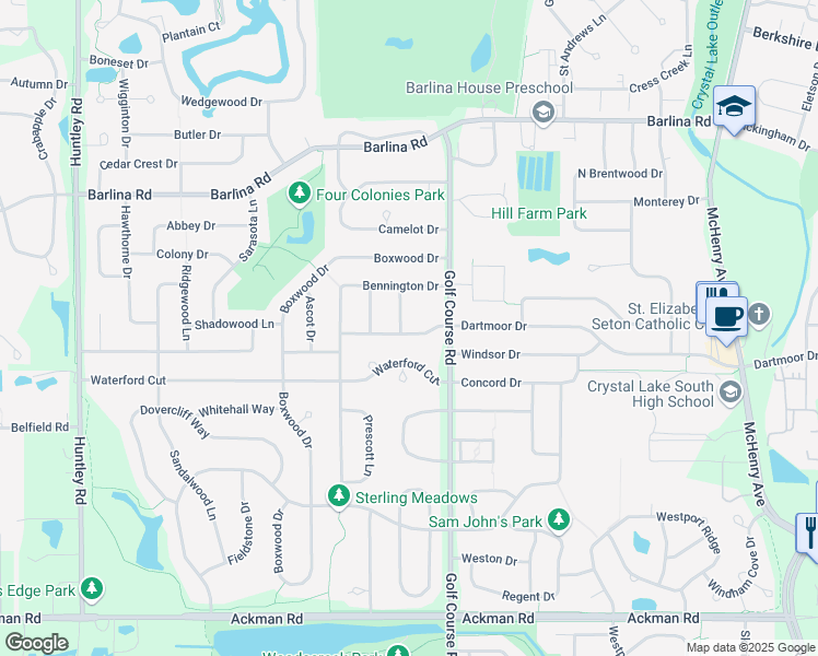 map of restaurants, bars, coffee shops, grocery stores, and more near 1009 Newbury Drive in Crystal Lake