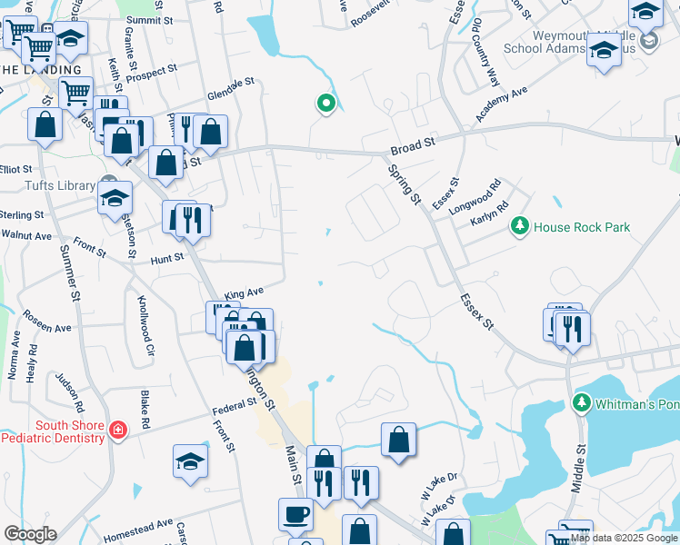 map of restaurants, bars, coffee shops, grocery stores, and more near 110 Meredith Way in Weymouth