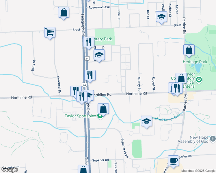 map of restaurants, bars, coffee shops, grocery stores, and more near 12841 Telegraph Road in Taylor