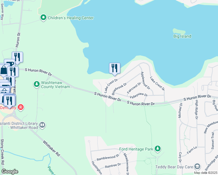 map of restaurants, bars, coffee shops, grocery stores, and more near 7812 Lake Crest Drive in Ypsilanti