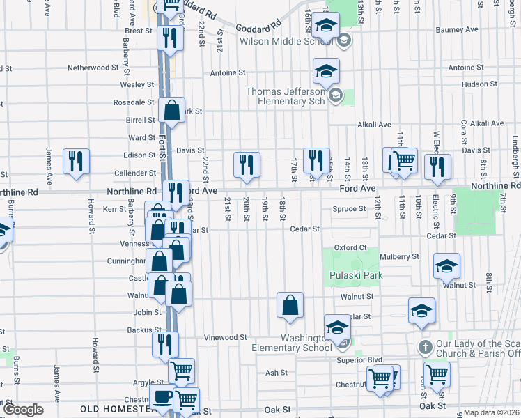 map of restaurants, bars, coffee shops, grocery stores, and more near 2058 19th Street in Wyandotte