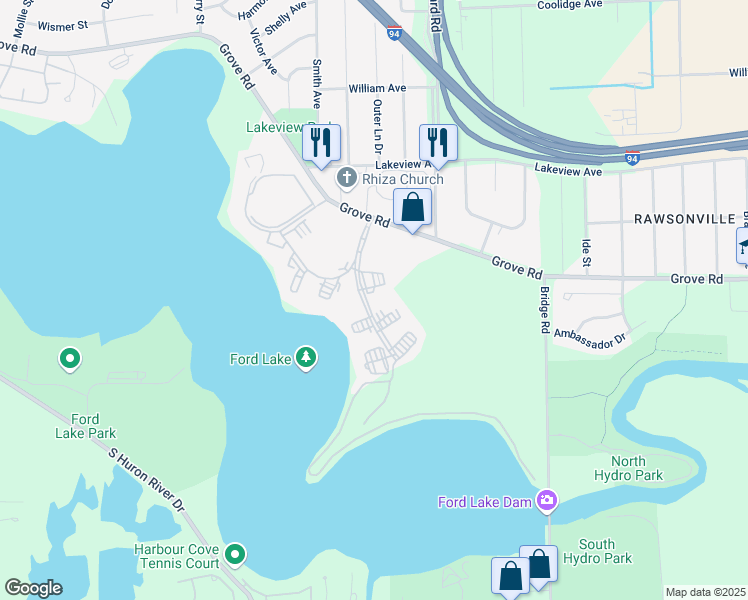 map of restaurants, bars, coffee shops, grocery stores, and more near 2421 Lakeshore Boulevard in Ypsilanti