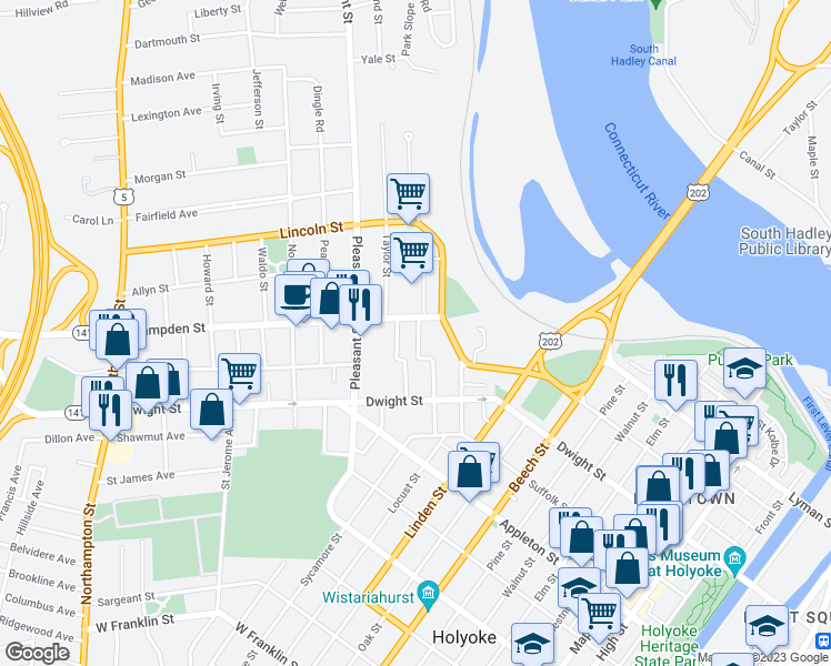 map of restaurants, bars, coffee shops, grocery stores, and more near 7 Miller Avenue in Holyoke