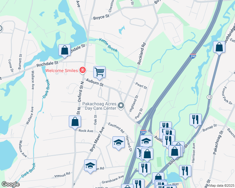 map of restaurants, bars, coffee shops, grocery stores, and more near 167 Auburn Street in Auburn