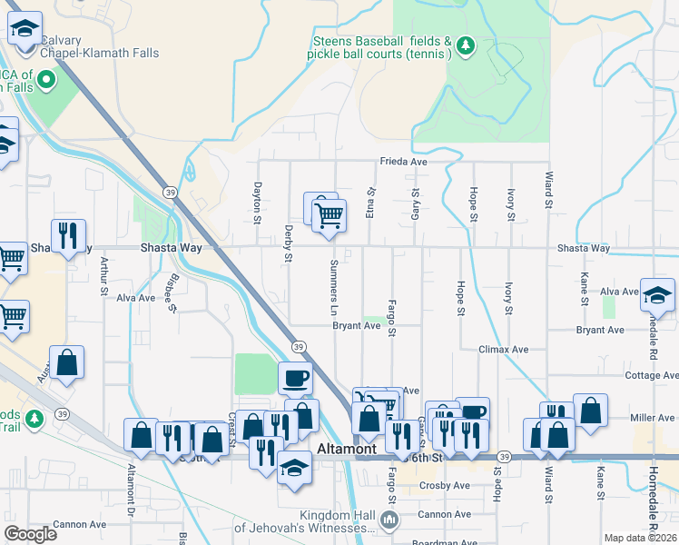 map of restaurants, bars, coffee shops, grocery stores, and more near 1749 Summers Lane in Klamath Falls
