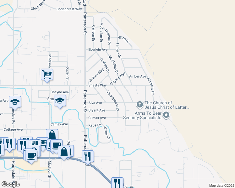 map of restaurants, bars, coffee shops, grocery stores, and more near 1750 Carlson Drive in Klamath Falls