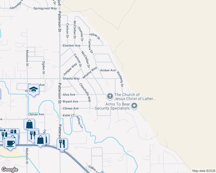map of restaurants, bars, coffee shops, grocery stores, and more near 1739 Shawna Court in Klamath Falls