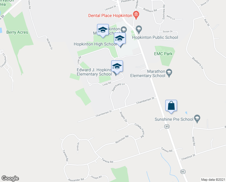 map of restaurants, bars, coffee shops, grocery stores, and more near 13 Sanctuary Lane in Hopkinton