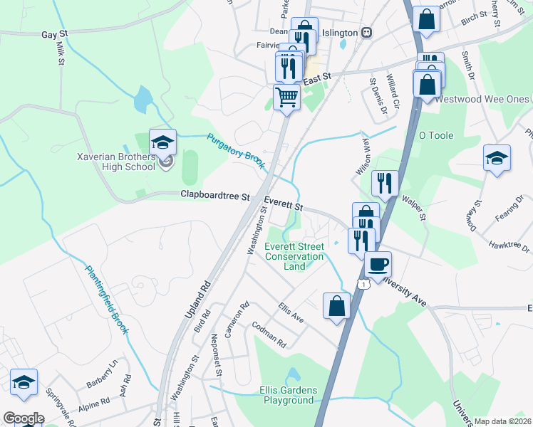 map of restaurants, bars, coffee shops, grocery stores, and more near 46 Washington Street in Norwood