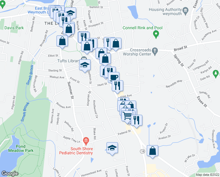 map of restaurants, bars, coffee shops, grocery stores, and more near 20 Hunt Street in Weymouth