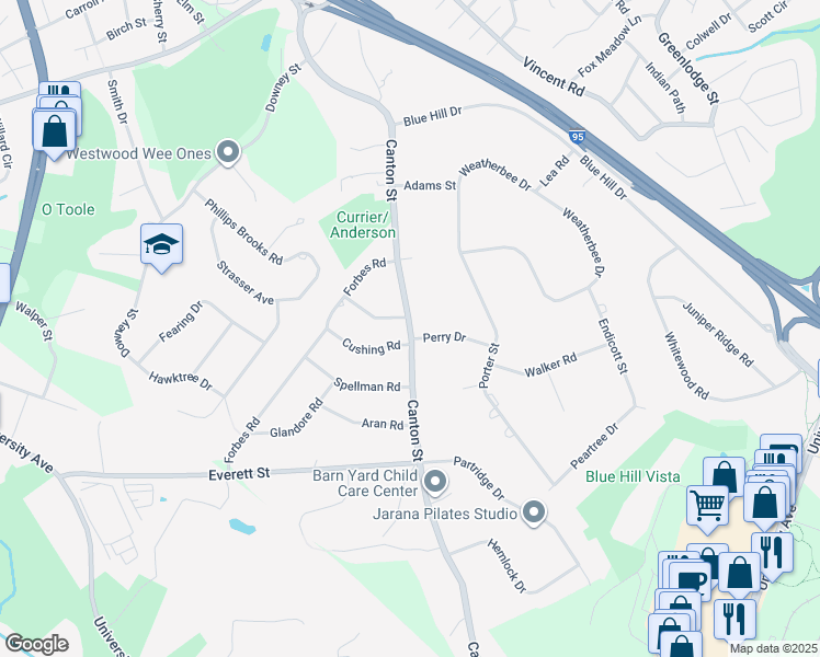 map of restaurants, bars, coffee shops, grocery stores, and more near 324 Canton Street in Westwood