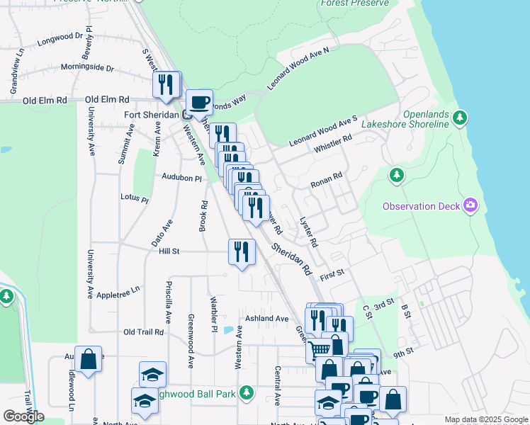 map of restaurants, bars, coffee shops, grocery stores, and more near 93 Westover Road in Highwood