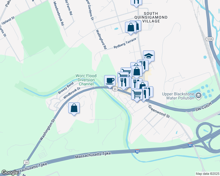 map of restaurants, bars, coffee shops, grocery stores, and more near 8 Washington Street in Auburn
