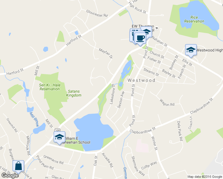 map of restaurants, bars, coffee shops, grocery stores, and more near 31 Lakeshore Drive in Westwood