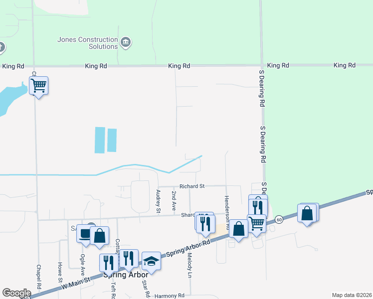 map of restaurants, bars, coffee shops, grocery stores, and more near 3070 Arborwood Boulevard in Spring Arbor