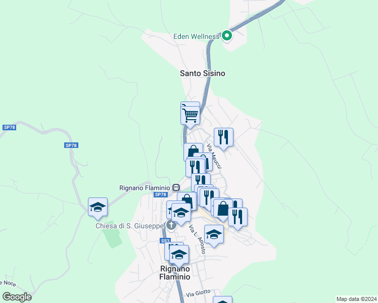 map of restaurants, bars, coffee shops, grocery stores, and more near 118 SS3 in Rignano Flaminio